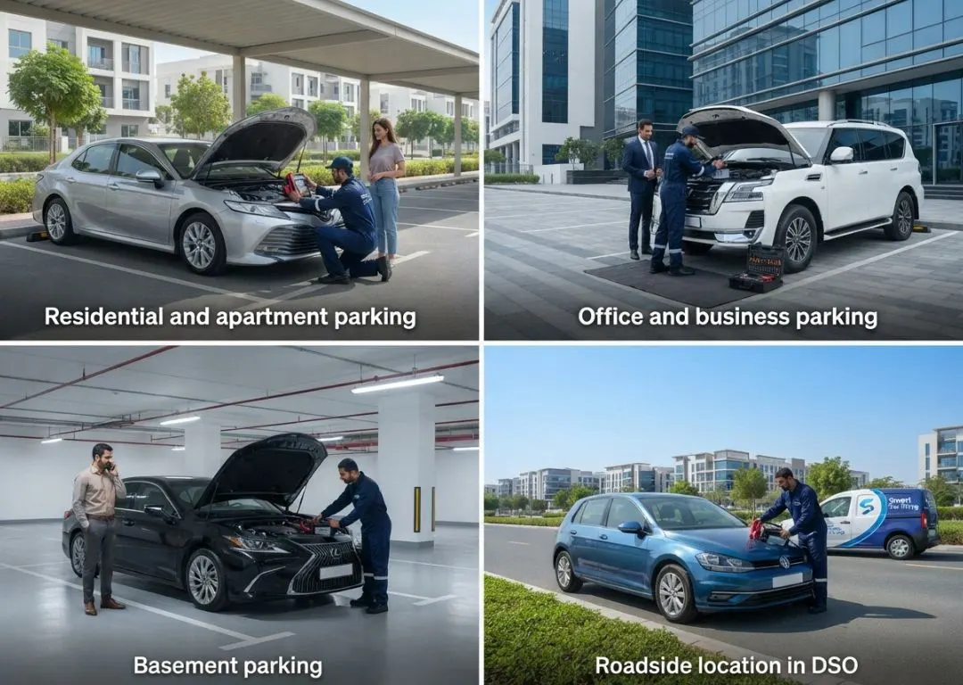 Mobile car battery assistance in Dubai Silicon Oasis for residential, office, basement, and roadside parking