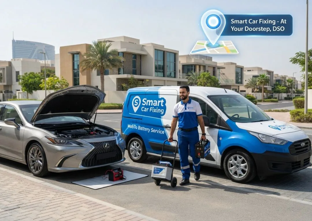 Mobile car battery replacement service at your location in Silicon Oasis DSO, technician arriving when car won't start by Smart Car Fixing