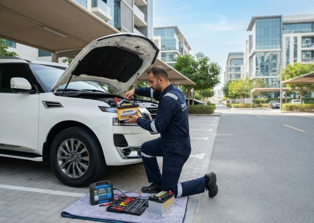 Smart Car Fixing technician providing mobile car battery replacement in Dubai Silicon Oasis