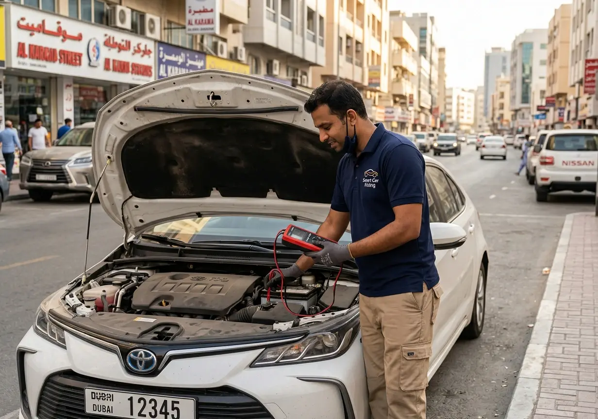 Car battery inspection service in Al Karama Dubai heat conditions