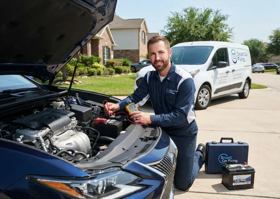 Mobile car battery replacement technician testing and installing battery at customer location by Smart Car Fixing