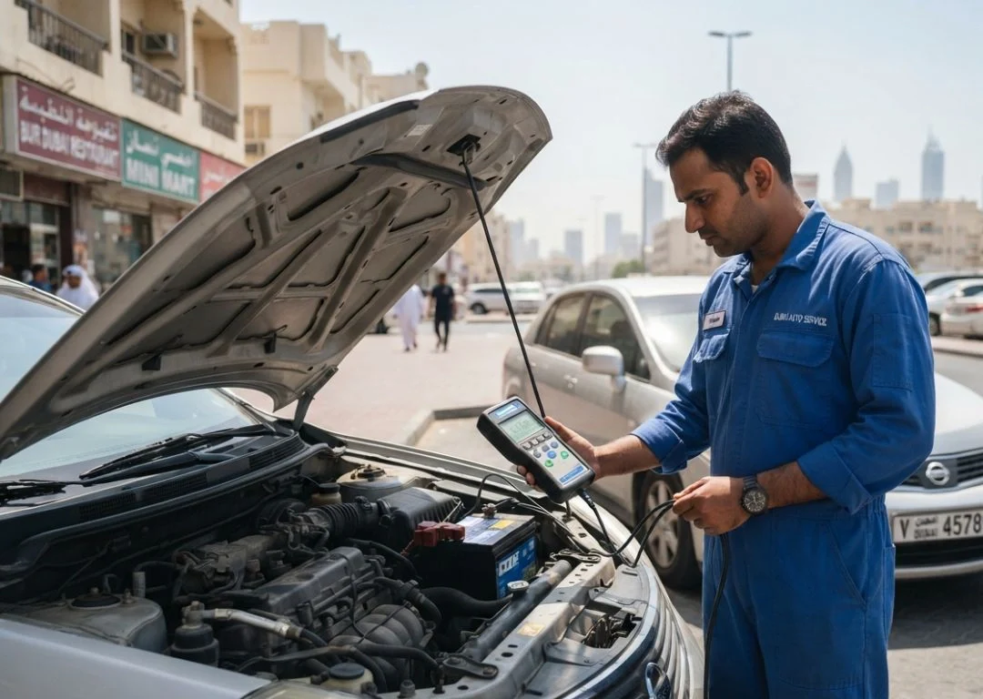 Technician inspecting a car battery in Bur Dubai Dubai during hot weather to show why car batteries fail faster in extreme heat.