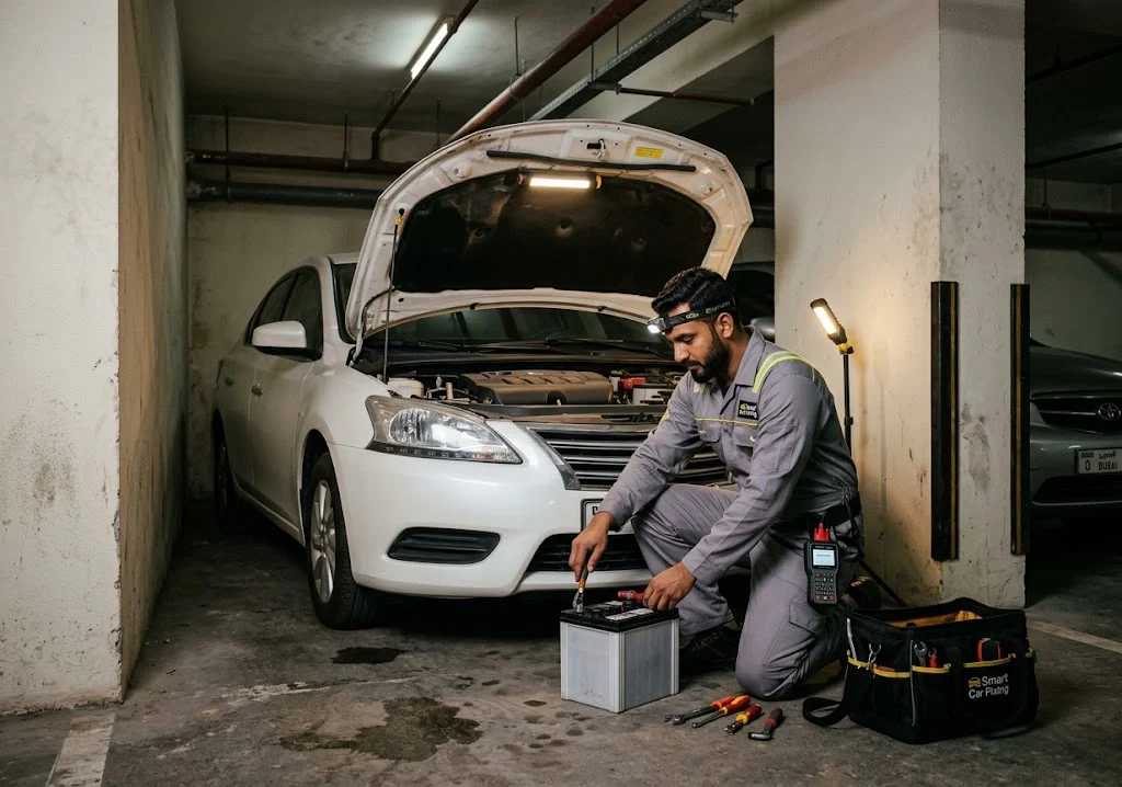 Smart Car Fixing technician replacing a car battery in Al Karama Dubai
