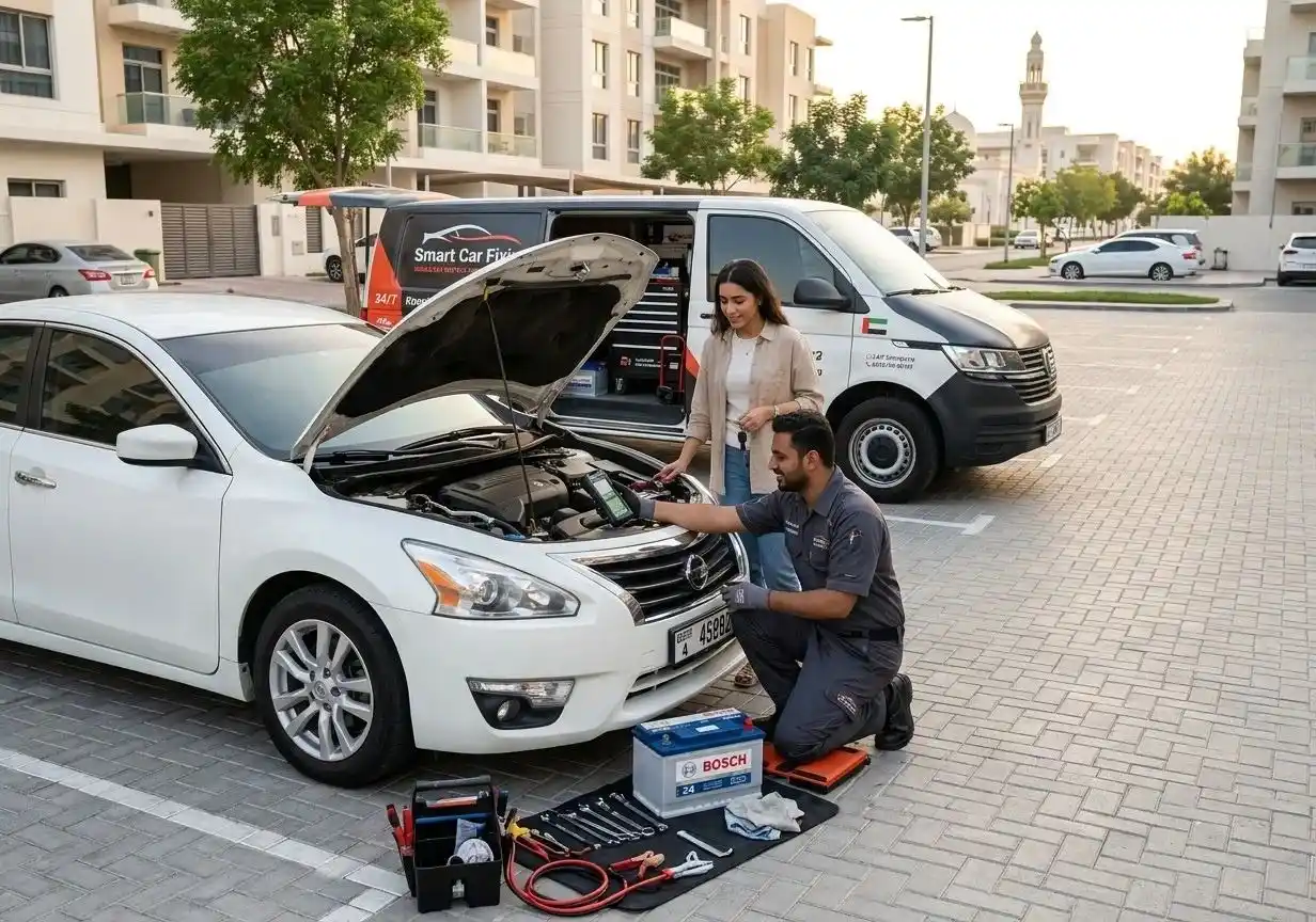 Mobile car battery replacement service in Al Karama by Smart Car Fixing technician
