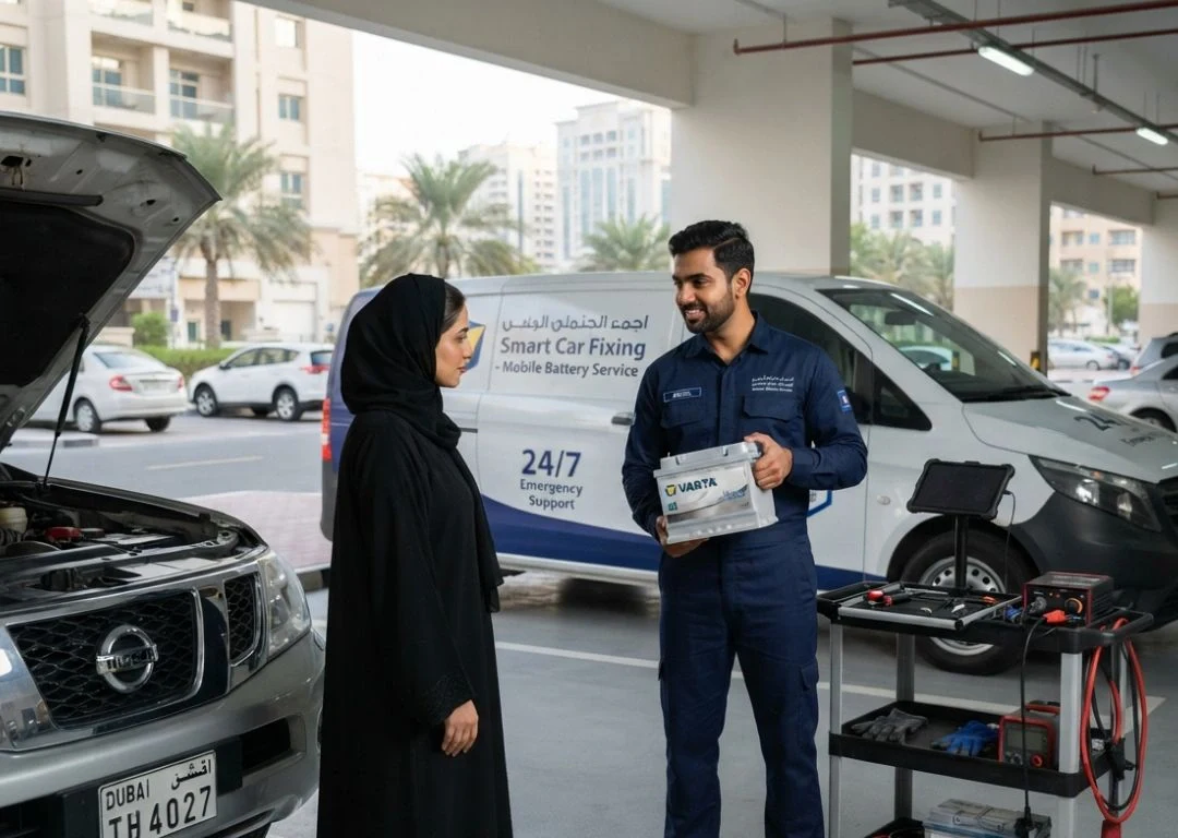 Smart Car Fixing expert providing mobile car battery service to a customer in Bur Dubai.
