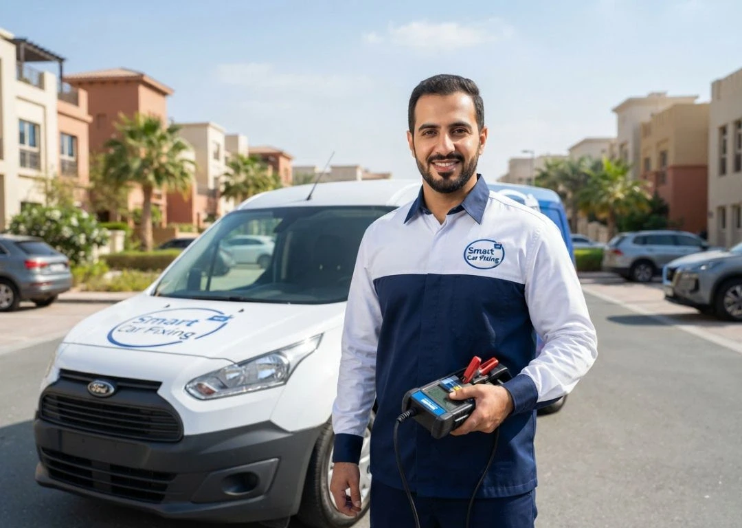 Smart Car Fixing mobile battery replacement service team providing 24/7 emergency service in Silicon Oasis Dubai with transparent pricing