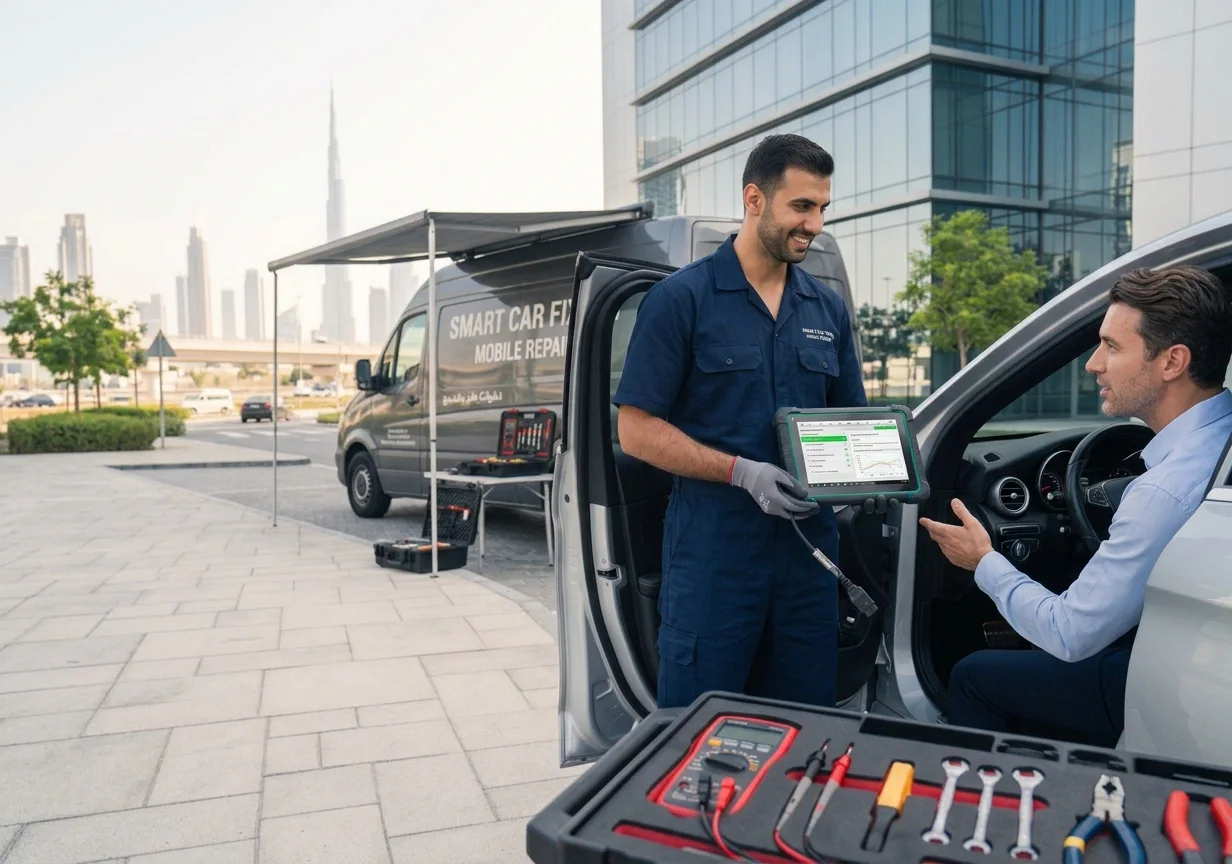 Step-by-step mobile car repair service in Dubai with professional vehicle inspection